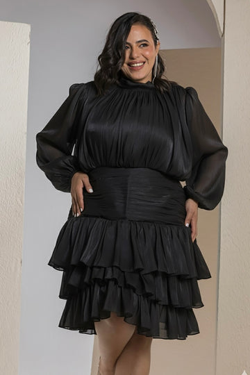 Shimmer Pleated Tier Mini Dress - Black